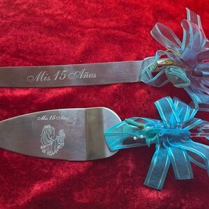 Quinceañera Cake Knife and Server Set with Blue Accents